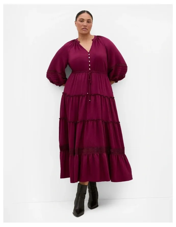 City Chic Tiana Tier Maxi Dress in Berry
