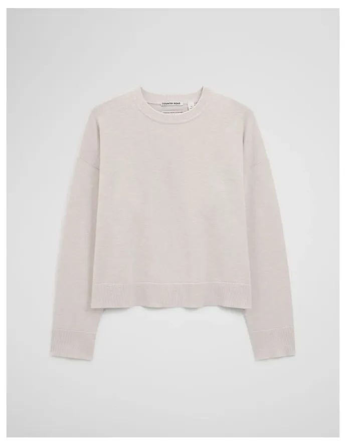 Country Road Cotton Linen Crew Neck Knit in Tahini