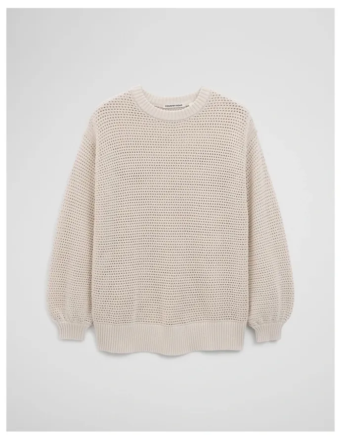 Country Road Longsleeve Relaxed Crochet Knit in Almond