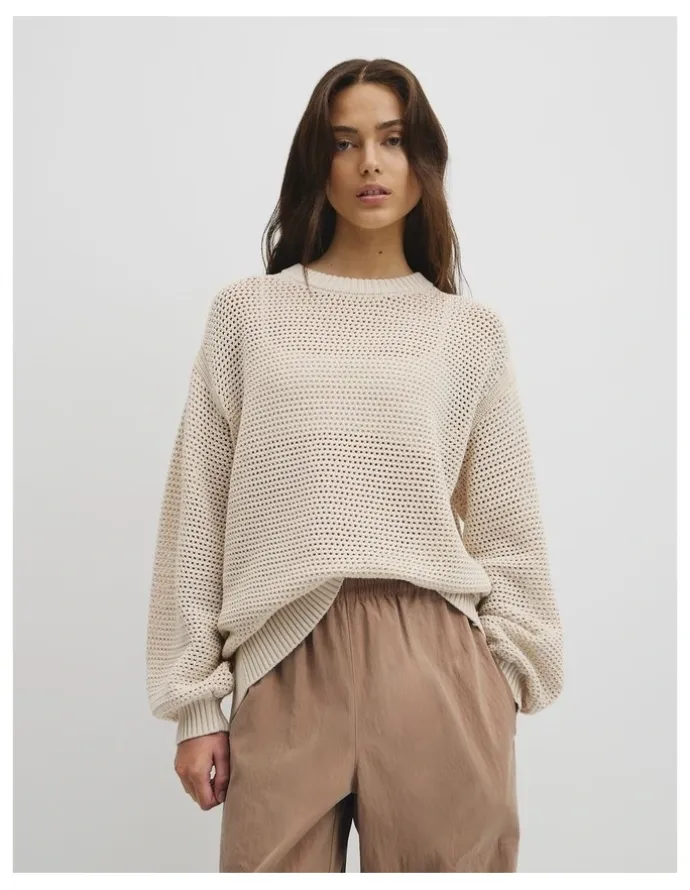 Country Road Longsleeve Relaxed Crochet Knit in Almond