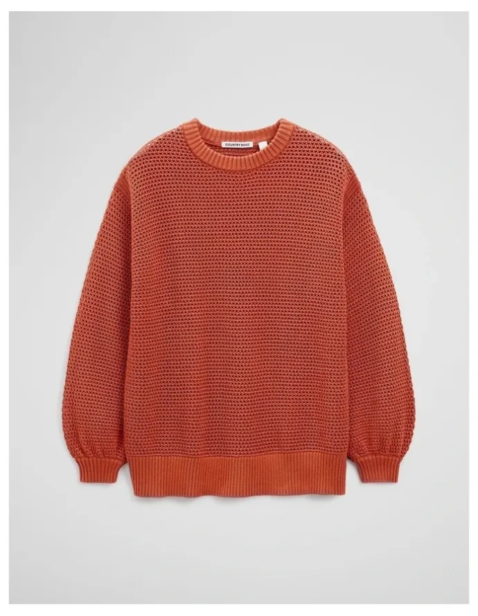 Country Road Longsleeve Relaxed Crochet Knit in Sienna