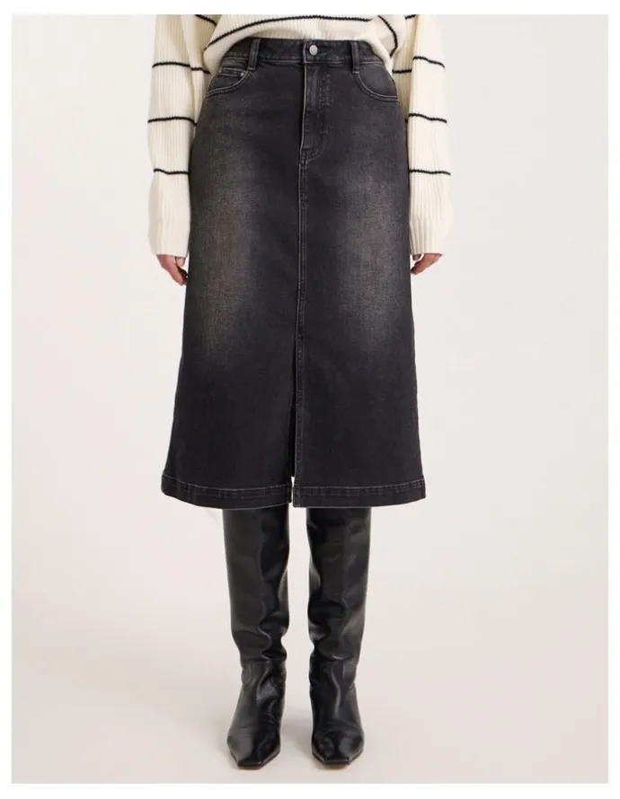 David Lawrence Hannah Denim Midi Skirt in Washed Black