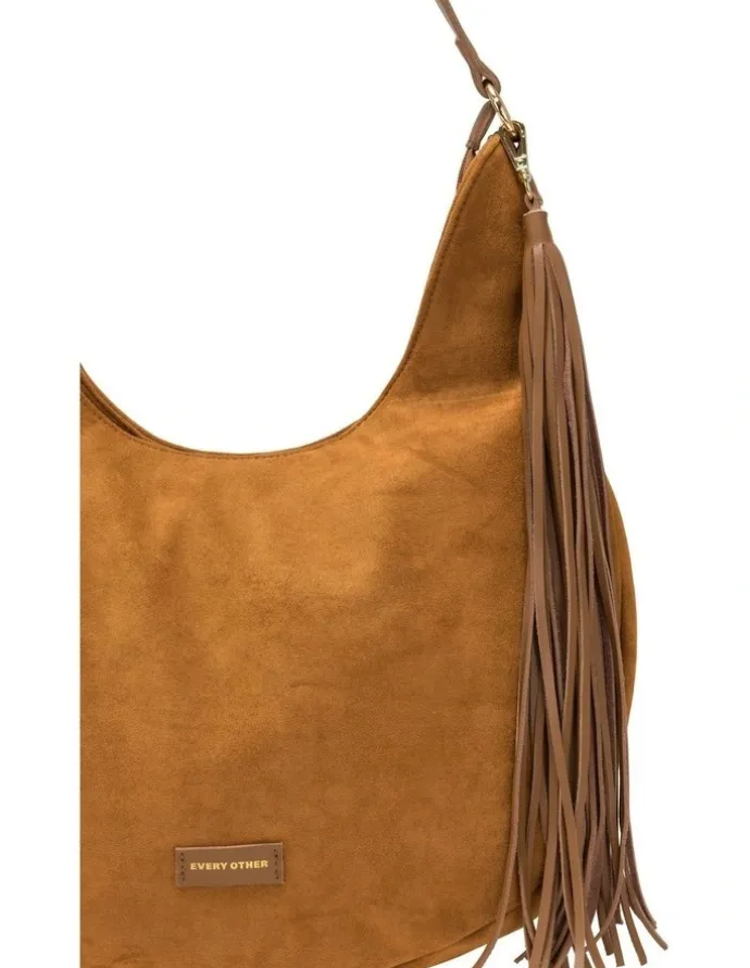 Every Other LARGE SCOOP TOP TASSLE BAG IN TAN FAUX SUEDE
