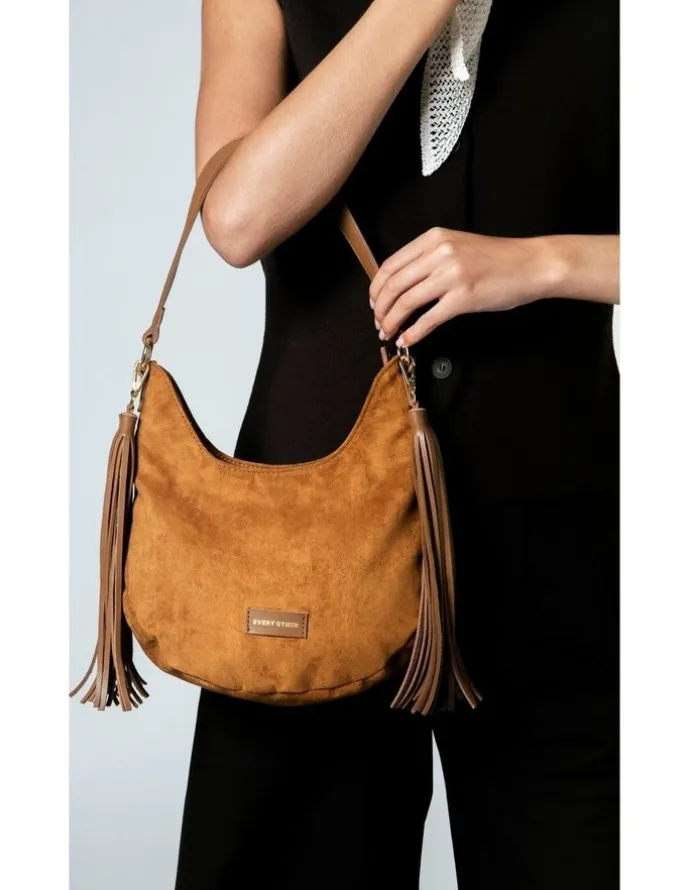 Every Other LARGE SCOOP TOP TASSLE BAG IN TAN FAUX SUEDE
