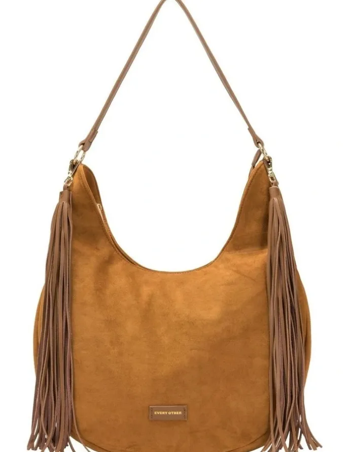Every Other LARGE SCOOP TOP TASSLE BAG IN TAN FAUX SUEDE