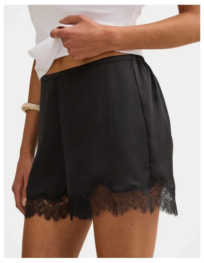 Forever New Jessica Lace Trim Satin Shorts in Black