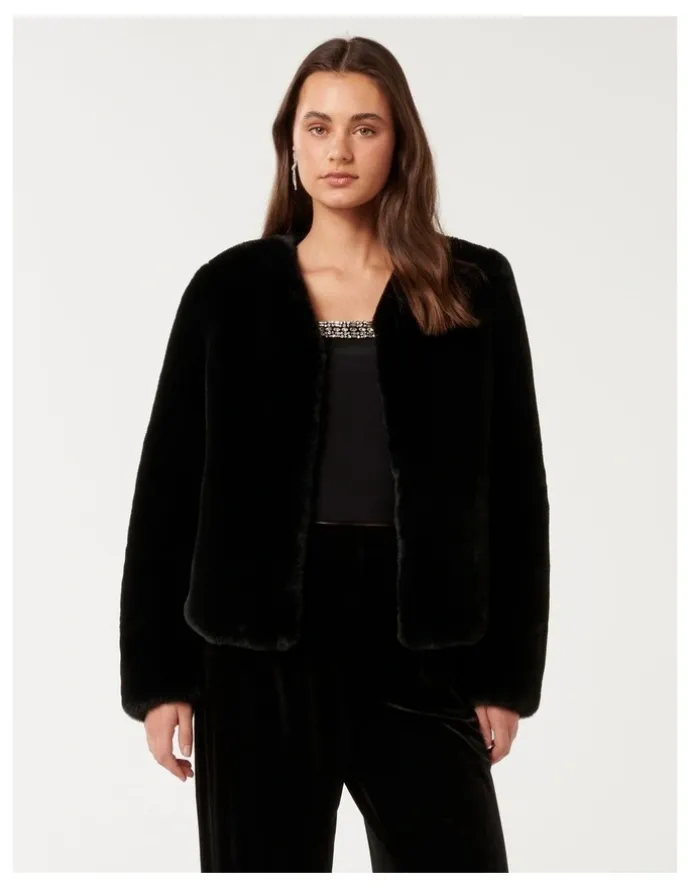 Forever New Lana Faux Fur Coat in Black