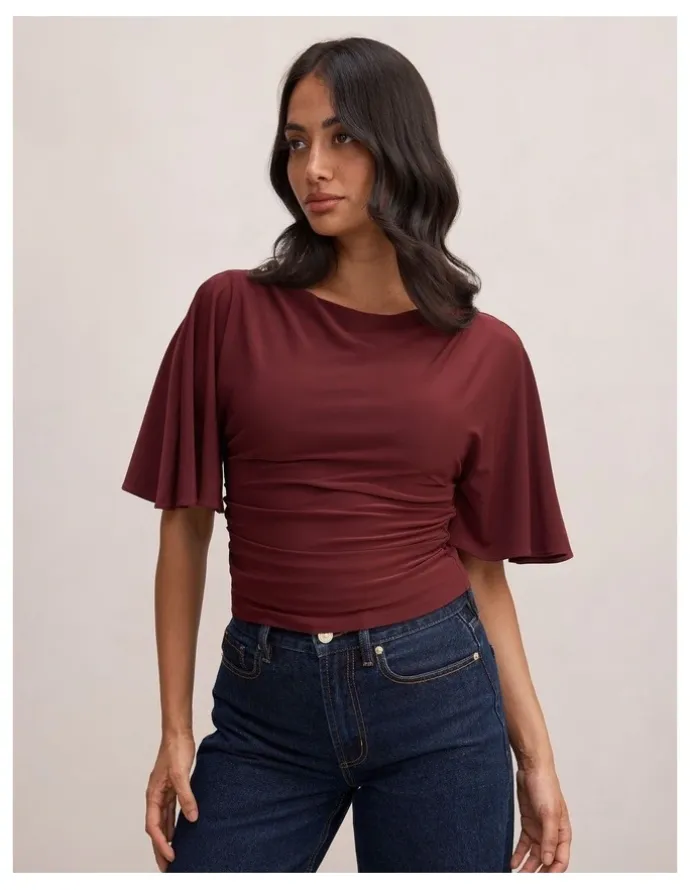 Forever New Paige Flutter Sleeves Tie Back Top in Purple