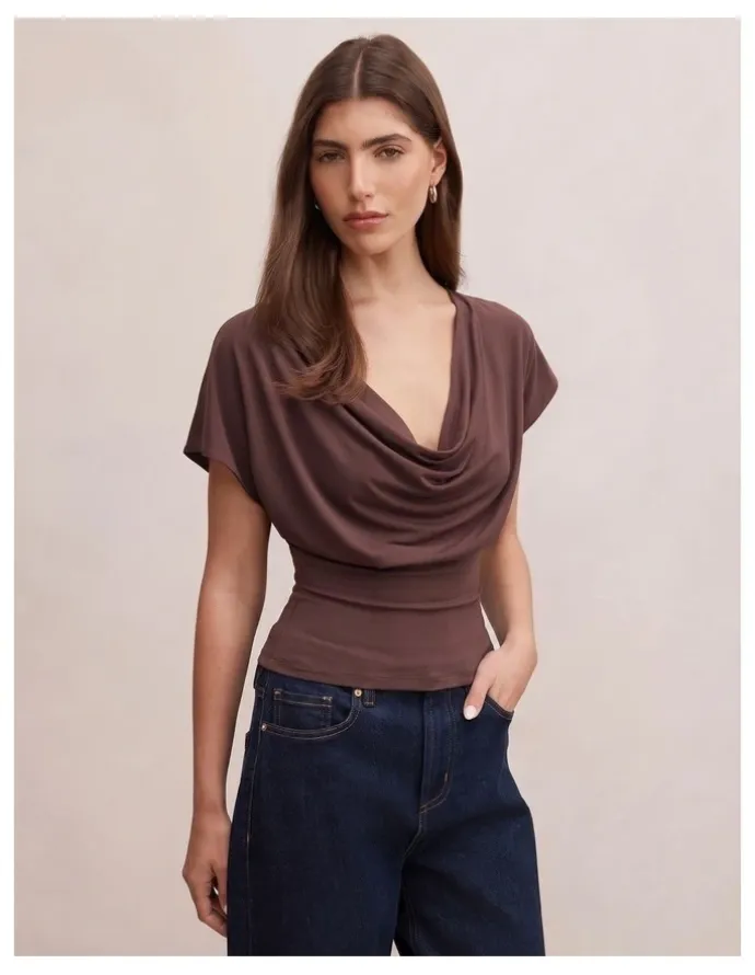Forever New Phoebe Draped Cowl Neck Top in Brown