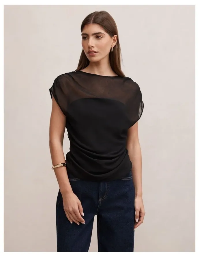 Forever New Remy Sheer Mixed Top in Black