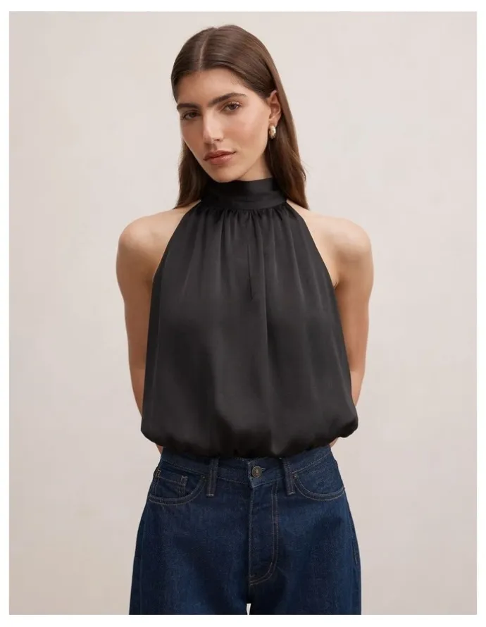 Forever New Scarlett Halter Neck Bubble Hem Top in Black