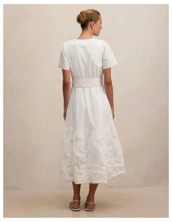 Forever New Matilda Embroidered Tie Midi Dress in White
