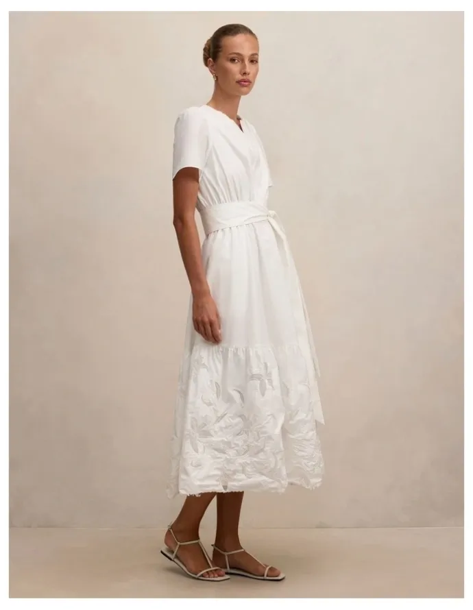 Forever New Matilda Embroidered Tie Midi Dress in White