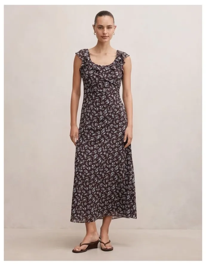 Forever New Paige Ruffle Midi Dress in Choc Ray Ditsy