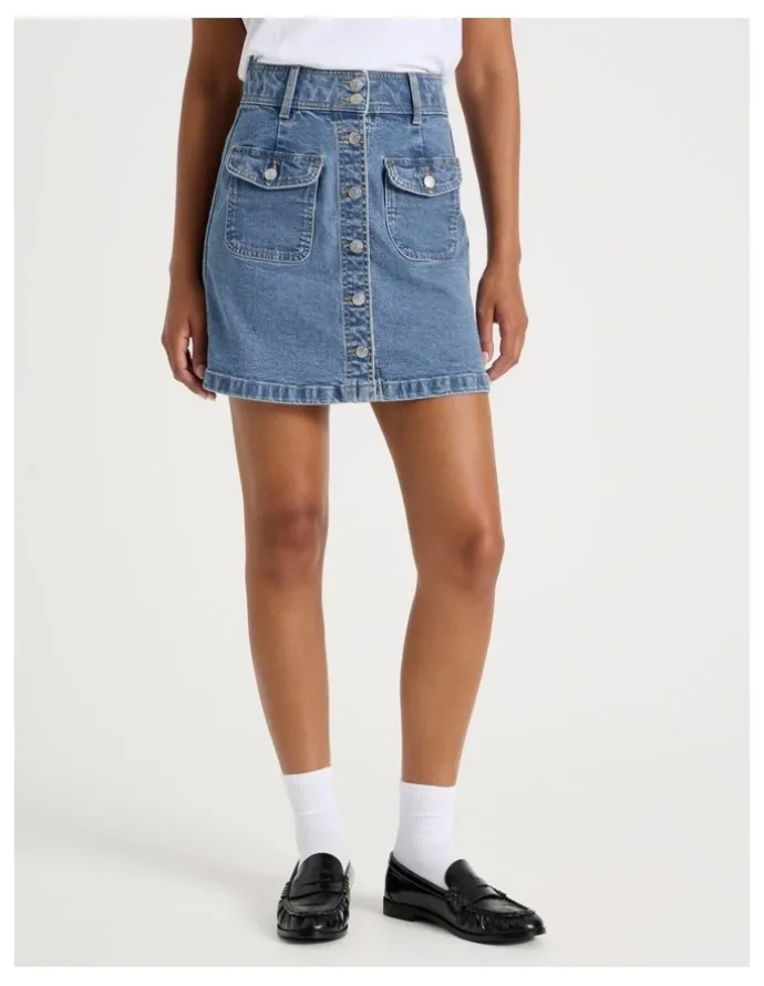 GRAB Button Front A-Line Skirt in Light Indigo