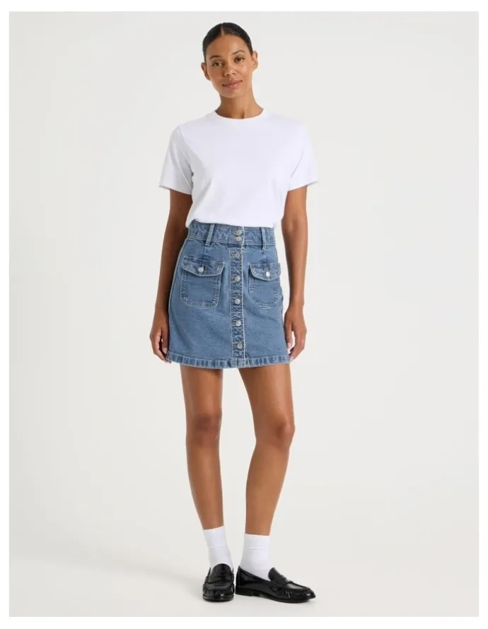 GRAB Button Front A-Line Skirt in Light Indigo