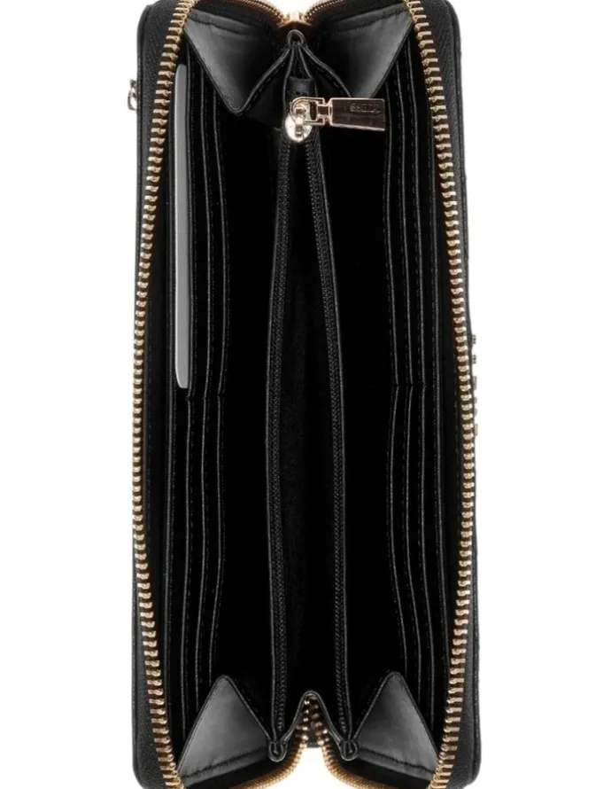 Guess Black Logo Leona Large Zip-Around Wallet in Coal Logo
