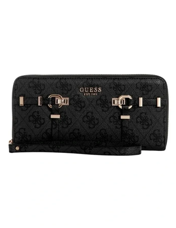 Guess Black Logo Leona Large Zip-Around Wallet in Coal Logo