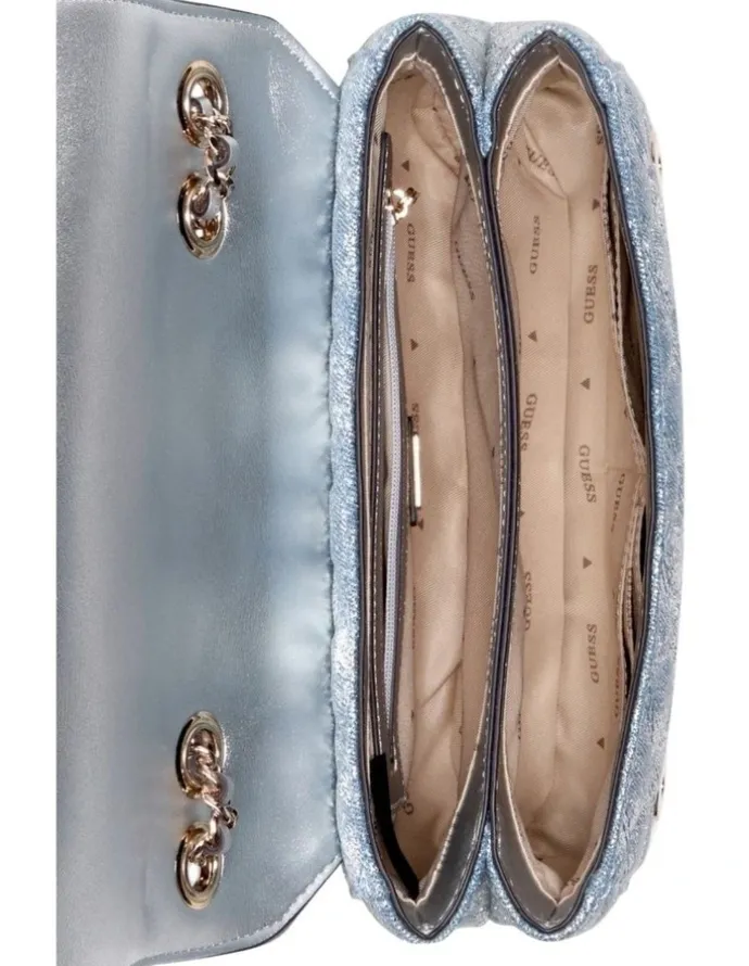 Guess Giully II Convertible Denim Flap Bag in Metallic Denim