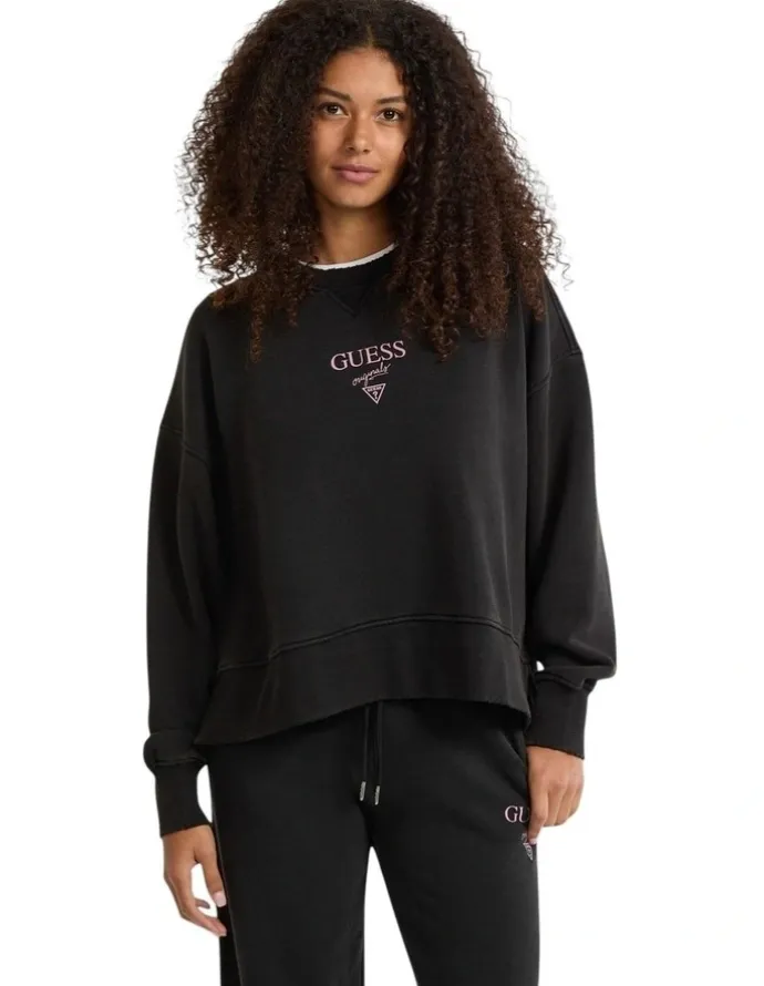 Guess Originals Distressed Baker Crewneck Fleece Sweatshirt in Black