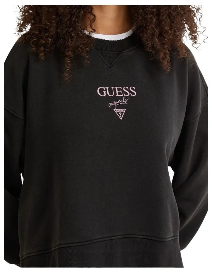 Guess Originals Distressed Baker Crewneck Fleece Sweatshirt in Black