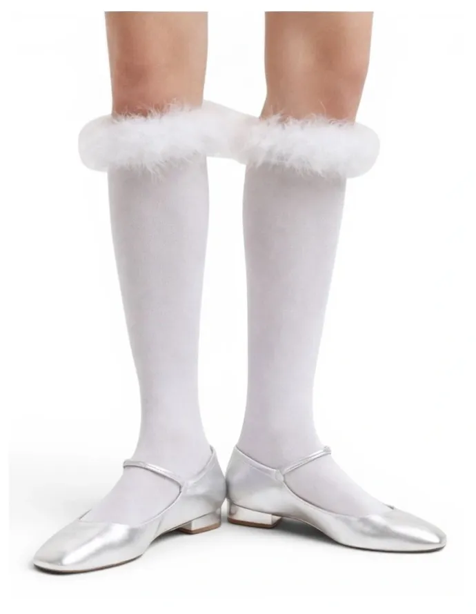 High Heel Jungle Frou-Frou Faux Fur Trim Cotton Socks in White
