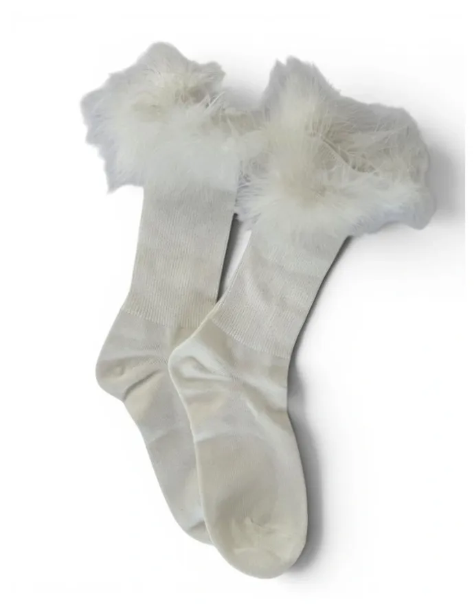 High Heel Jungle Frou-Frou Faux Fur Trim Cotton Socks in White