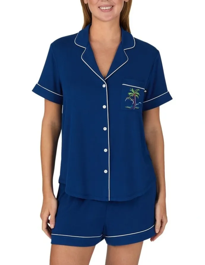 Kate Spade Modal Button Up Short Sleeve Short Pyjama Set with Embroidery in Estate Blue
