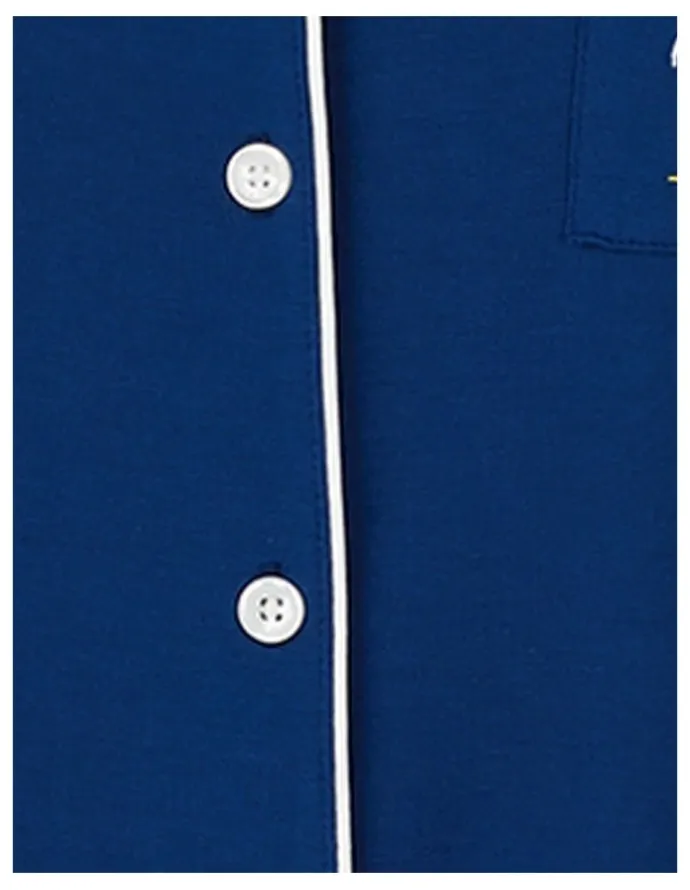 Kate Spade Modal Button Up Short Sleeve Short Pyjama Set with Embroidery in Estate Blue