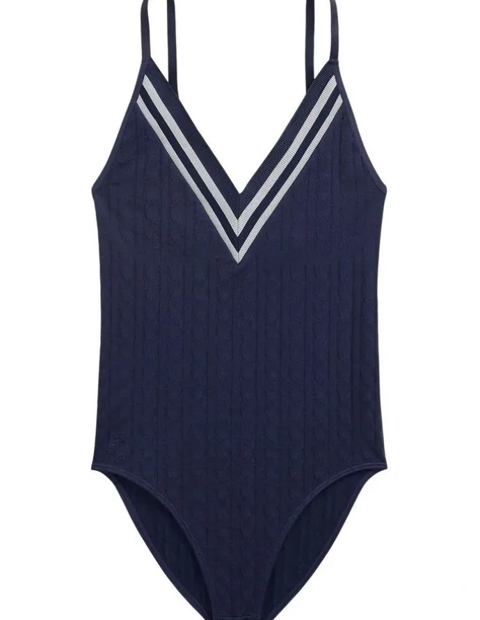 Lauren Ralph Lauren Cricket Cable Knit V Neck Lingerie Bodysuit in Navy