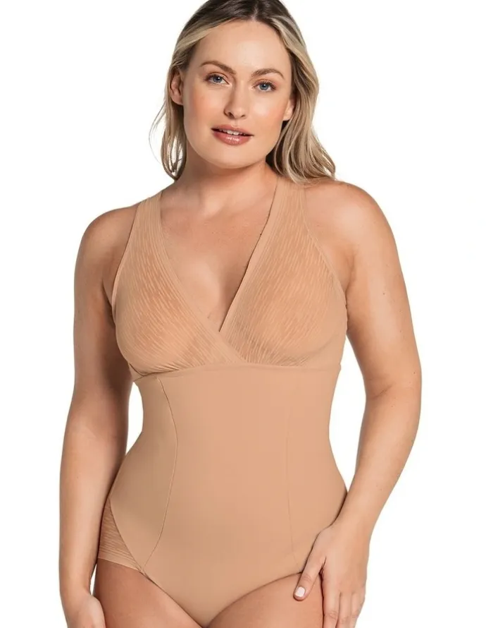 Leonisa Sheer Stripe Detail Wirefree Sculpting Bodysuit in Beige