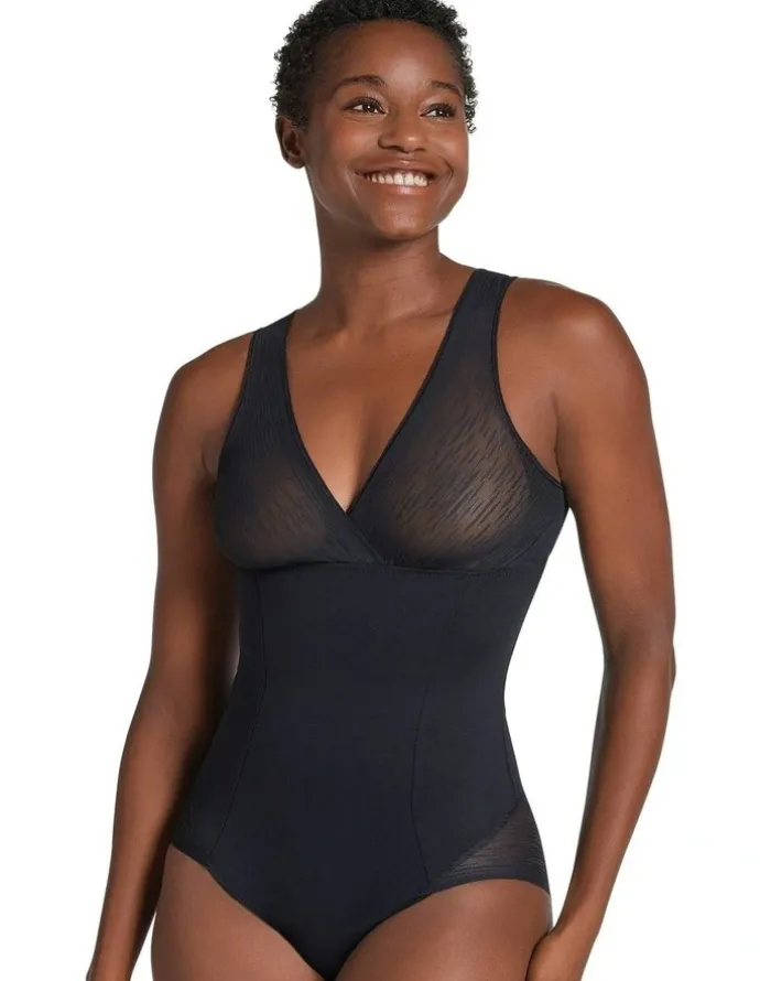 Leonisa Sheer Stripe Detail Wirefree Sculpting Bodysuit in Black