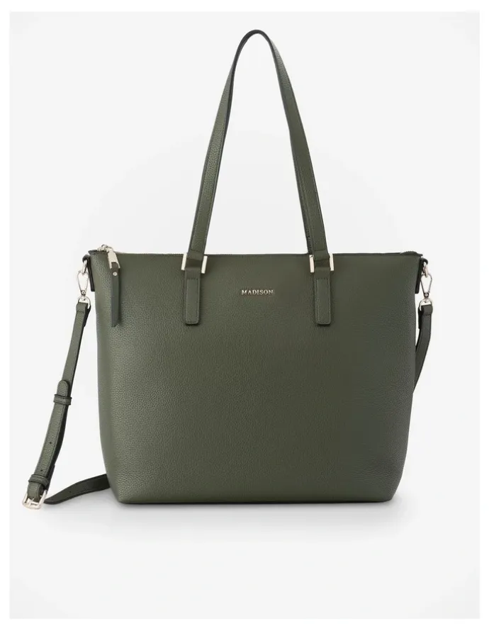 Madison Accessories Inga Large Zip Top Tote Bag with Laptop Pocket in Green