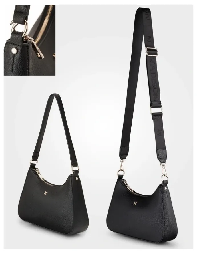 Madison Accessories Jo Convertible Small Hobo Shoulder Bag with Monogram Crossbody Strap in Black