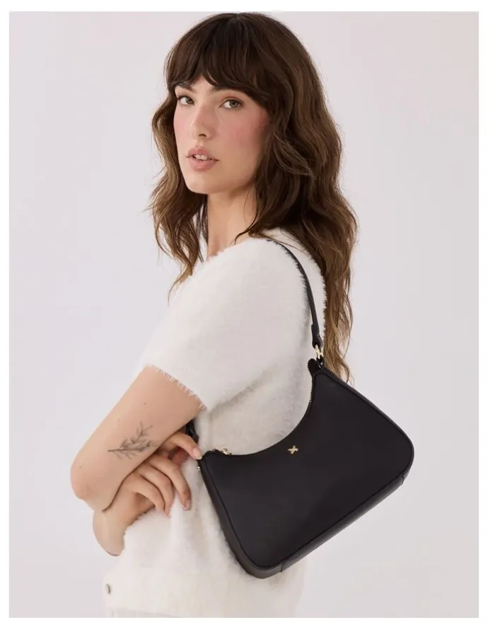 Madison Accessories Jo Convertible Small Hobo Shoulder Bag with Monogram Crossbody Strap in Black