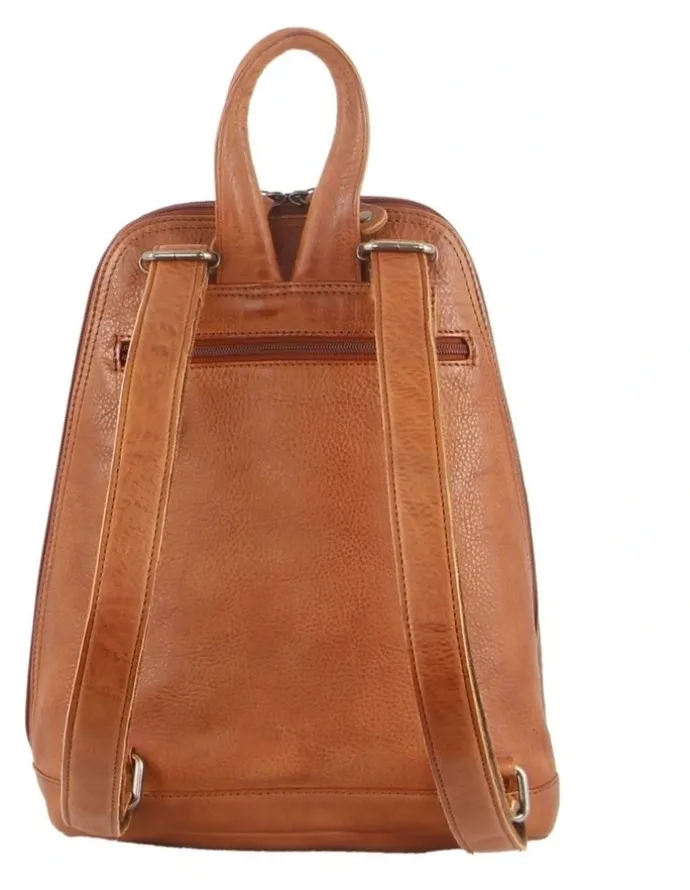 Milleni Ladies Genuine Leather Twin Zip Backpack in Cognac