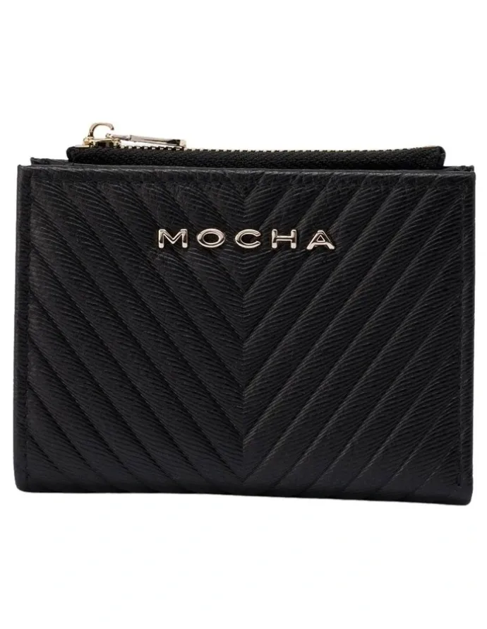 Mocha Chevron Mini Leather Wallet in Black