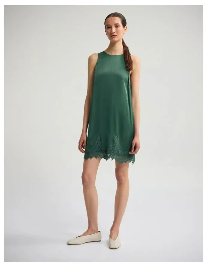 Oxford Amber Satin And Lace Dress in Olive