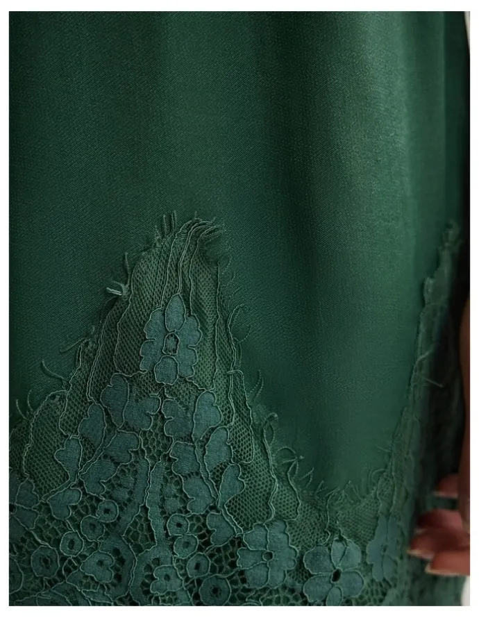 Oxford Amber Satin And Lace Dress in Olive