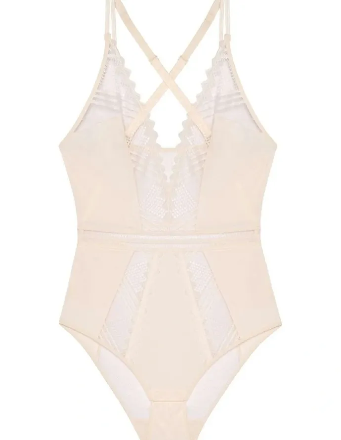 Passionata Rodeo Plunge Opaque & Lace Lingerie Bodysuit in Talc