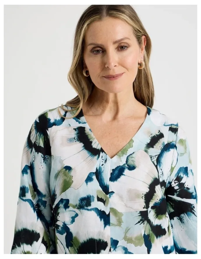 Regatta Long Sleeve V-Neck Tunic in Blues/Olive Blurred Floral