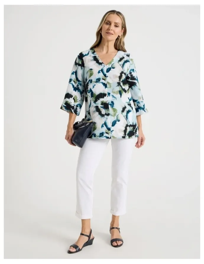 Regatta Long Sleeve V-Neck Tunic in Blues/Olive Blurred Floral