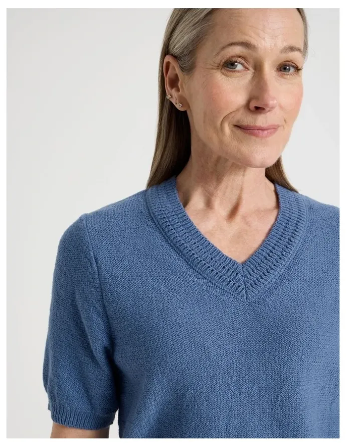 Regatta Petites Short Sleeve V Neck Knitted Top With Fancy Neckband in Light Blue