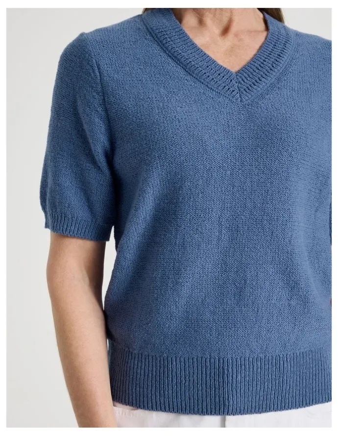Regatta Petites Short Sleeve V Neck Knitted Top With Fancy Neckband in Light Blue
