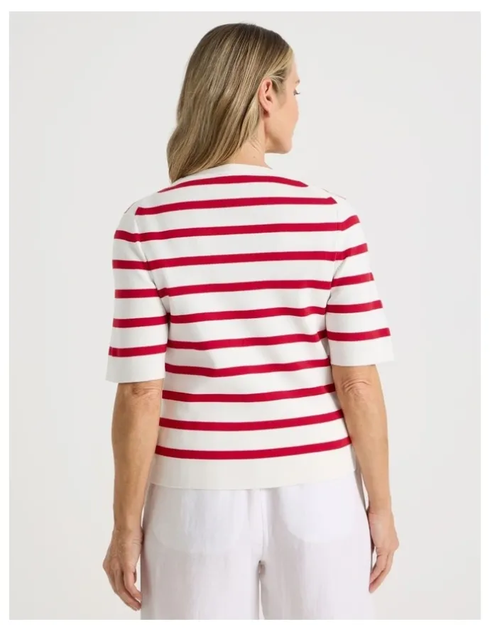 Regatta Short Sleeve Stripe Knitted Top in Ivory/Red Stripe