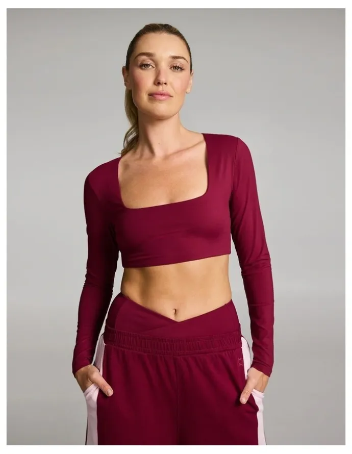 Rockwear Base One Square Neck Crop Long Sleeve Ruby in Red