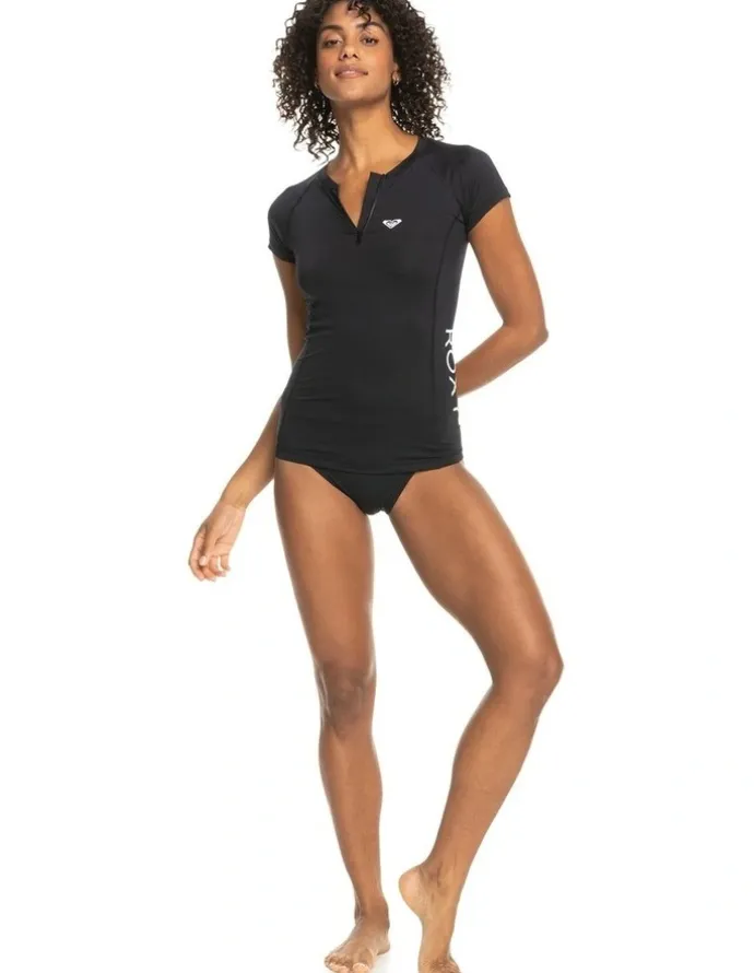 Roxy New Essentials Short Sleeve Zip Up Rash Vest in Anthracite