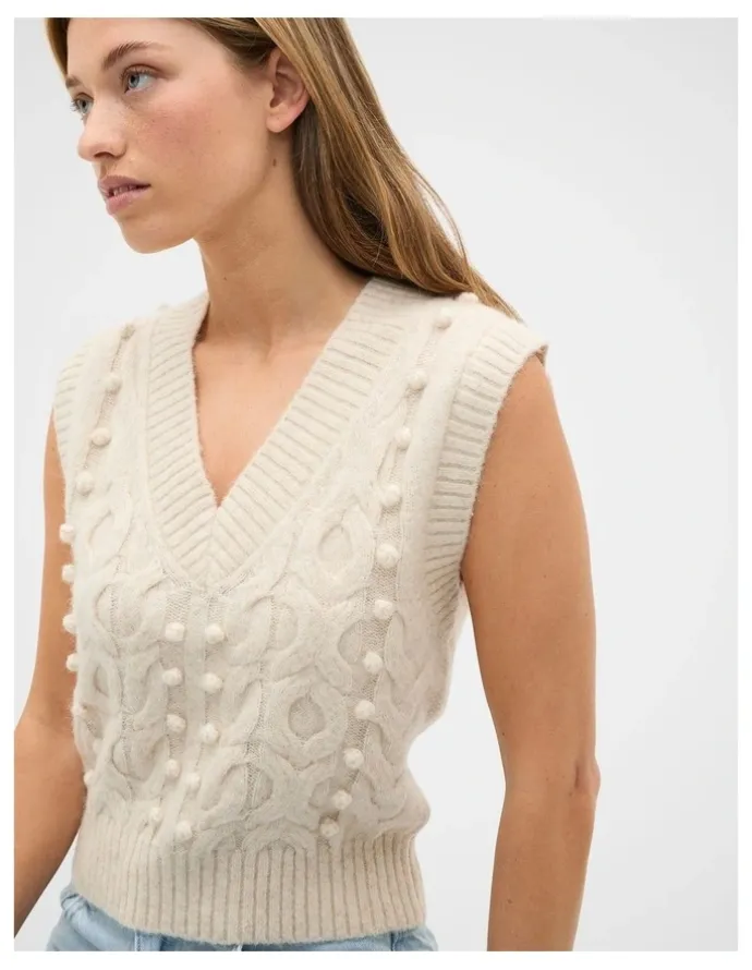 Seed Heritage Pom Pom Cable Knit Vest in Mist Marle
