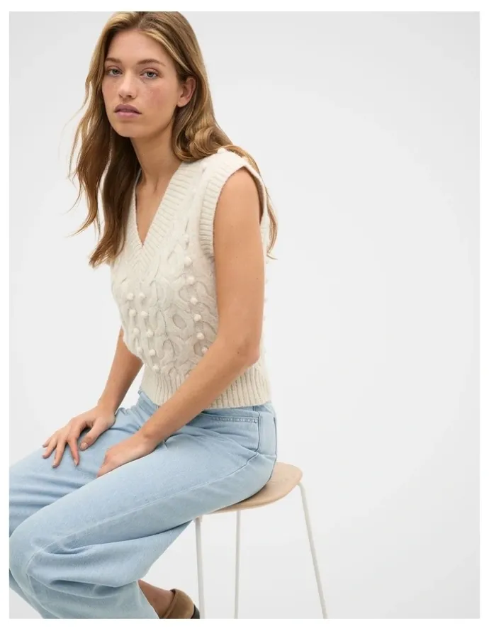 Seed Heritage Pom Pom Cable Knit Vest in Mist Marle