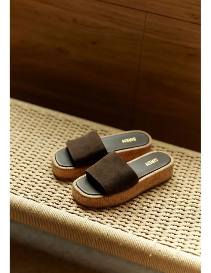Siren Detroit Flatform Slides in Chocolate Brown Suede & Cork